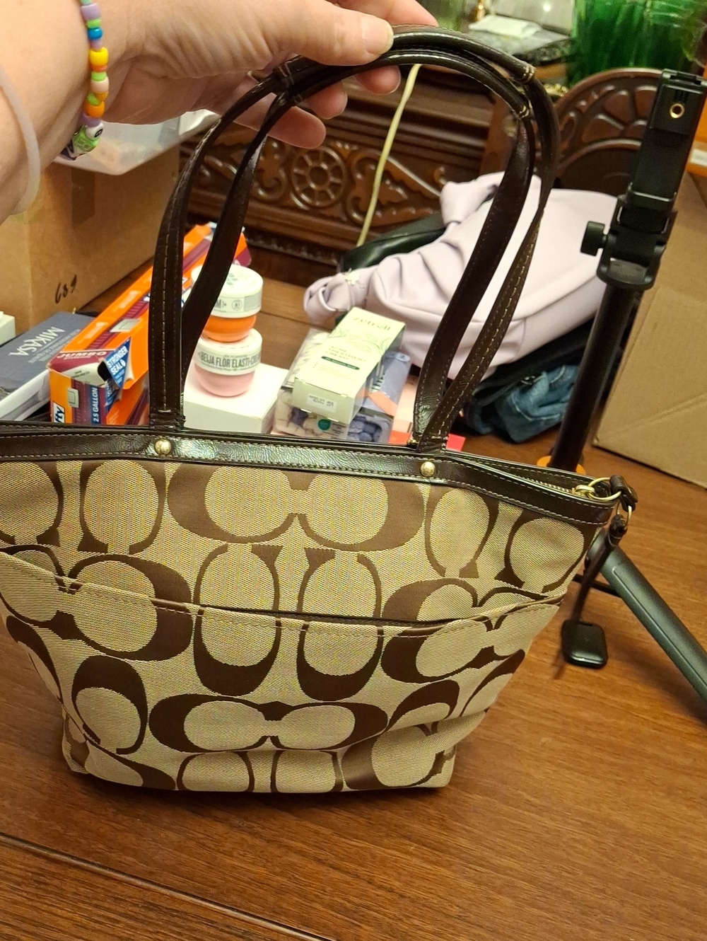 2013 Jan Coach signature-pattern canvas tote dark brown Accents Prelove Like New - Picture 14 of 16